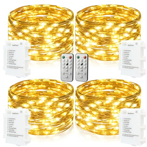 Koopower 4er 50 LED Lichterketten mit Timer Batteriebetrieben, 5M IP65-Wasserdichter Kupferdraht + 1M Kabel, Warmweiß