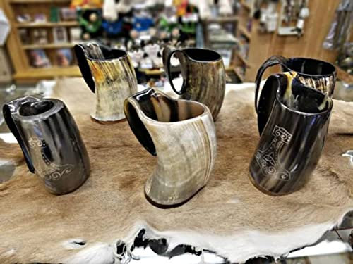 AnNafi® Viking Drinking Horn Mugs | 750ml Set of 6 Norwegian Viking Drinking Horn Mug Stein Cup Beer Wine Mead Bar Mugs | Game Of Thrones Gift | Authentic Drinking & Decor Display | Ox / Buffalo Horn