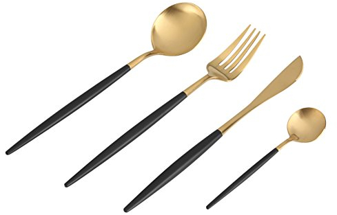Juego de cubiertos 4 piezas/set, juego de vajilla de acero inoxidable, vajilla y tenedor de cuchara Cuchillo anti-óxid(Negro + Dorado)