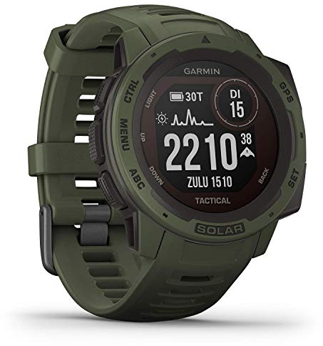 Garmin Instinct Tactical Solar, Reloj inteligente con GPS resistente al agua, func. tácticas, función de carga solar, func. deportivas, pulsioximetría y notificaciones del smartphone, Verde Militar