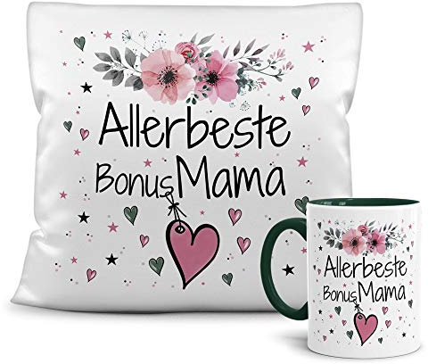 PR Print Royal Geschenk-Set aus Tasse und Kissen mit Füllung - Allerbeste Bonus Mama - Persönliche Geschenkidee für Beste Freunde, Verwandte und Familie - weiß/dunkelgrün