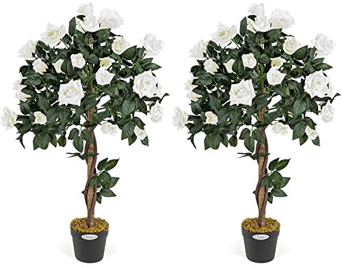 CHRISTOW 2 Artificial Rose Trees Cream Flowers Twisted Trunk Potted Indoor Outdoor 3ft (Pair)