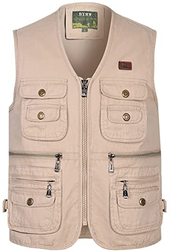Oralidera Herren Outdoor Jagdweste Reporterwesten Ärmellos Jacke Anglerweste Fotografie Freizeitweste Safari Weste mit Vielen Taschen für Jagd Angeln Camping, Beige, L