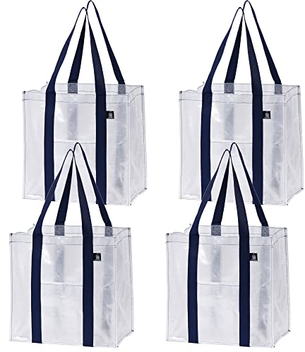 VENO 4 Pezzi Borsa per la spesa pieghevole con fondo rigido, tasca anteriore, borse spesa riutilizzabili, borsa shopper multiuso, borsa da spiaggia per shopping, vacanze, picnic (Chiaro, 4 Pz.)