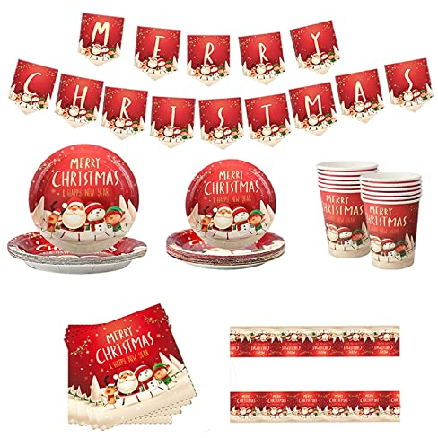 Christmas Party Tableware Set 16 Guests,Xmas Table Decorations Disposable Dinnerware Set Plastic Tablecloth Napkin Christmas Banner Paper Plates and Cups for Christmas Party Supplies Tableware Decor