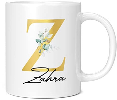Personalised Letter Z Floral Mug Initial with Name, Customised Gift, Gold Effect Printed Letter, NOT Metallic - Ceramic Coffee Cup for Men or Women, Extra Large and Giant Mug, 11oz White Cup