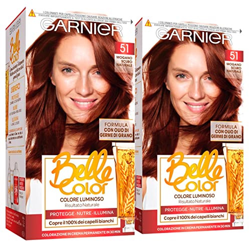 2 x Garnier Belle Color Creme-Haarfarbe, permanent, nährende Wirkung, aufhellend, natürliches Ergebnis mit Weizenkeimöl, Farbe 51, dunkles natürliches Mahagoni, 2 Packungen
