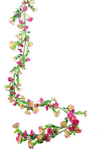 CISDUEO Künstliche Gänseblümchen, Weinrebe, Seidenblumen-Girlande, Frühling, künstliche Blumenranke, hängender Efeu mit rosa Gänseblümchen, grüne Blätter für Wand, Party, Hochzeit, Bogen
