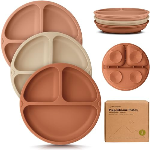 KeaBabies Kinder Teller für Baby, Kleinkind - 3er Pack 100% Silikon Baby Teller mit Saugnapf,Geteilte Kinderteller mit Unterteilung,Rutschfester Silikonplatten,BPA-frei,Mikrowellenfest(Terracotta)