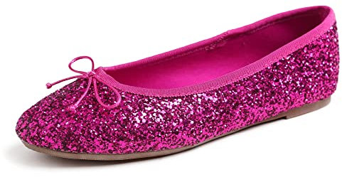Feversole Round Glitter Ballerina, Damen Klassische Ballerinas Profilsohle Glänzende Ballerina Flach Glänzende Heißes Fuchsia 39