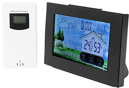 Septpenta Wetterstation, Kabelloses Innen und Außenthermometer, mit LCD Touchscreen, Anzeige von Luftfeuchtigkeit und Temperatur (Minimum/Hoch), USB Aufladung für Den Innen und Außenbereich