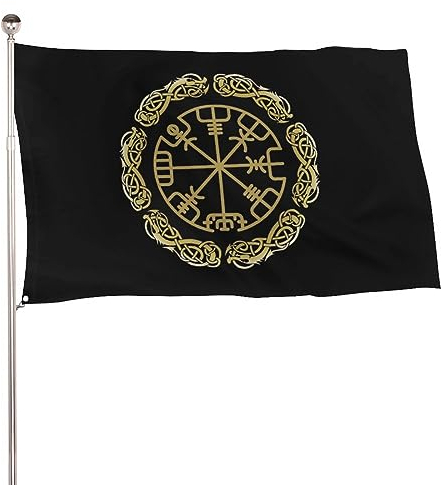 0,9 m x 1,5 m [90 x 150 cm] Dekorative Hausflagge Yard Banner, Wikinger Goldene Rune Magie Vegvisir Druck Gartenflaggen Hängende Flagge Dekor