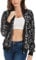 ANNA-KACI Damen Pailletten Rib Rop Langarm Reißverschluss Bomberjacke Jacke Mit Tasche, Schwarz & Silber, Large