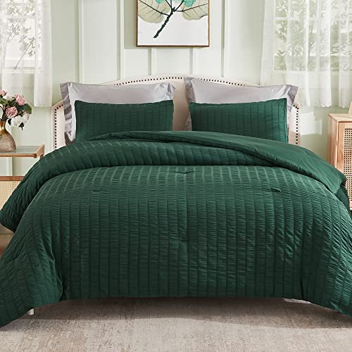 AveLom Dunkelgrünes Seersucker California King Bettdecken-Set (264,2 x 243,8 cm), 3-teilig, 100 % weiche, gewaschene Mikrofaser, leichte Bettdecke mit 2 Kissenbezügen, Daunen-Alternativ-Bettwäsche-Set