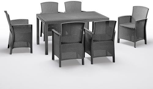 BICA Lido Gartenmöbel Set 6 Stühle mit Tisch Houston in Anthrazit Garten Sitzgruppe mit gemütlichen Stühlen Pflegeleicht & wetterfest Stühle mit Armlehnen für optimalen Komfort Balkon Terrasse