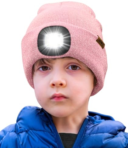 ATNKE Kids LED Beleuchtete Mütze mit Licht,Wiederaufladbare USB 4 LED Laufmütze Extrem Heller Lampe Winter Warme Stricken Mütze Großartig Geschenke für Jungen und Mädchen/Blended Pink Goldwire