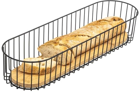 eluno Drahtschale mit Bambusboden, Drahtkorb Mehrzweckkorb, Obstschale, Brotkorb, Brötchenkorb, langer Korb für Baguette, matt (Schwarz)