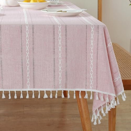 meioro Böhmische Tischdecke für Küche Dekoration, 90x90cm Makramee Valentinstag Tischtuch mit Quasten, Rechteckige Leinen Tischwäsche, Gestreifte Tafeldecke Mesh Tischdecken für Tabletop Dekor (Rosa)