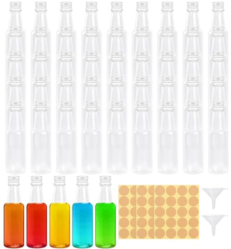 Liwein Bouteilles de Liqueur en Plastique, Mini Bouteille,Bouteilles Miniatures,Mignonnettes Alcool,Bouteilles en Plastique Vides avec Entonnoirs et Étiquettes (Couvercle argenté - 50ml - 50pcs)