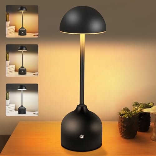 Toowell Rechargeable Table Lamp - Black Cordless Mushroom Lamp for Indoor & Outdoor Use