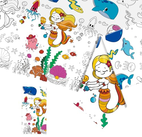 Tischdecke zum Ausmalen,137x274cm Papiertischdecke zum Ausmalen,Bemalbare Tischdecke Meerjungfrau,Ausmal Tischdecke,Deko Kindergeburtstag,Kreative Kinderbeschäftigung,Ausmalen Tiere,Mal Mich Bunt
