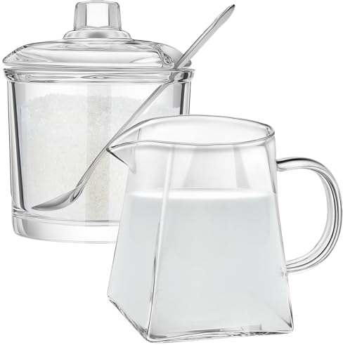 Leinuosen 2 Pcs Small Glass Creamer Pitcher with Spout Milk Frothing Pitcher Elegant Shaped Glass Coffee Tea Milk Creamer Jug Creative Milk Frother Cup (Mixed Style,350 ml)