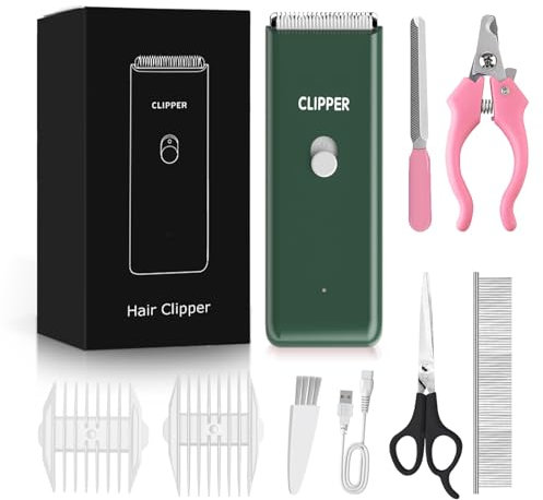 Dog Grooming Kit Electric Pet Paw Trimmer Low Noise Cordless Cat Clippers for Dog Cat Home Hair Grooming,Waterproof Pet Grooming Tools with 9-Pieces (Green)