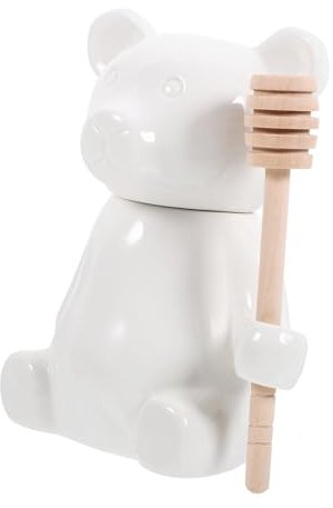 FUNOMOCYA White Embossed Ceramic Bear Honey Jar with Wooden Dipper Bear Shaped Honey Storage Container Dipper Holder Design Decorative Pot and Kitchen Dining Use