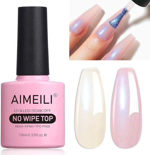 AIMEILI Pearl Glitter Top Coat Gel Polish, Micro Aurora Glitter Gel Polish Clear Gel Top Coat No Wipe UV LED Soak Off, Rainbow Shimmer Nail Art Top Gel, High Gloss Shiny Finish, Long Lasting, 10ml,004