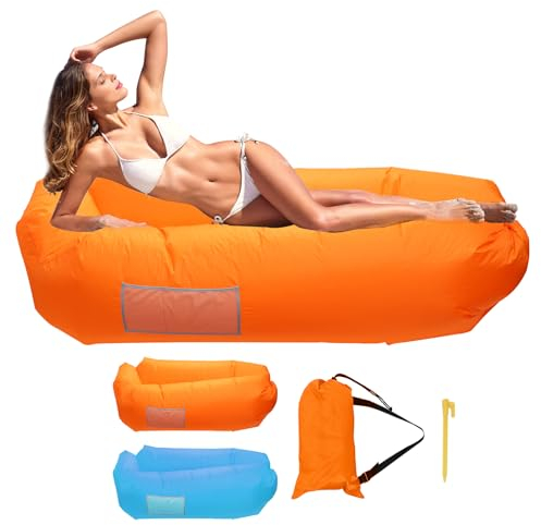 YIWONFU Aufblasbares Sofa mit Seitentasche, Tragbares Wasserdichtes Luftsofa für Land und Wasser, Faltbar Air Lounger mit Tragetasche für Outdoor, Strand, Pool, Party, Camping(Orange)