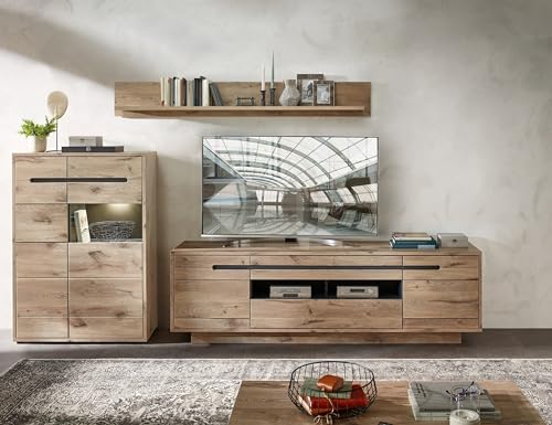 möbelando Wohnwand >Bellano< in Viking Oak Dekor, MDF, Spannplatte - 309x185x44cm (BxHxT)