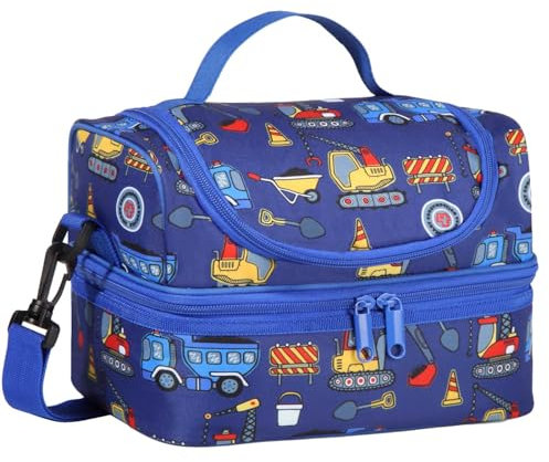 Kasgo Lunch Bag for Kids, Cute Insulated Lunch Box Bag for Boys and Girls Dual Compartments Cooler Bag with Detachable Adjustable Shoulder Strap, Blue Cars