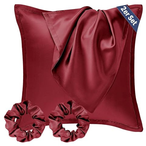 Seiwohl Satin Kissenbezug 80x80 2er Set, Weich wie Seidenkissenbezug Silk Pillowcase, Vegane Seide Kopfkissenbezug Kissenhülle Seidenkopfkissen für Haar und Haut mit Haargummis, Weinrot