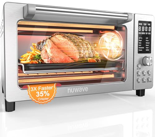 Nuwave Bravo Pro Friggitrice ad aria per forno, forno a convezione 12 in 1, super convezione più veloce e croccante, forno per pizza personalizzabile, 50°-450°F, ultimo intervento PFAS, 21QT, acciaio