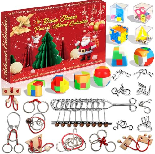 Puzzle Adventskalender 2024 für Kinder,Metall Assembly Disentanglement Puzzles Weihnachtskalender 24 Tage Überraschung,Countdown Weihnachts Adventskalender Geschenk für Kinder (Rot)
