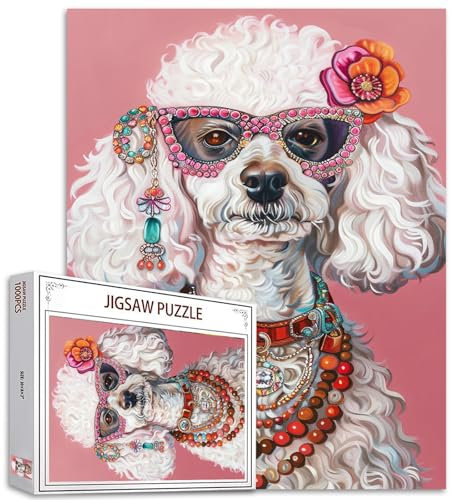 Niedlicher Pudel Jigsaw Puzzle Bunte Schmuck-Sonnenbrille,1000 Teile für Erwachsene,Lustige Tier-Illustrationen,Kreative Style Puzzles für interessante Familienaktivitäten,DIY Jigsaw Puzzle Geschenke