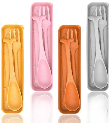 Set de couverts de camping, cuillère, couteau et fourchette en plastique pour le pique-nique, Lunch Box with Cutlery (4, Jaune, rose, orange, gris)