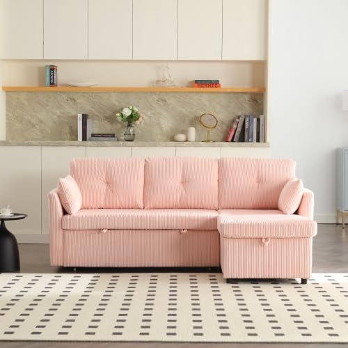 Soweiz Multifunktionales Schlafsofa mit ausziehbarem Bett, Schlafsofa mit austauschbarer Chaiselongue, Sofagarnitur mit Aufbewahrungssitz, L-förmiges Sofa, Ecksofagarnitur für Wohnzimmer (Pink)