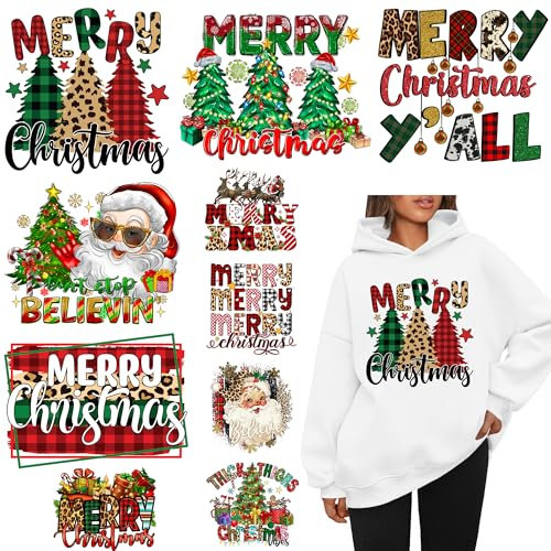 10 Sheets Christmas Iron On Patches Heat Transfer Vinyl Sticker for Clothing Iron On Decals Xmas Design Washable Heat Press Decal Merry Christmas Decoration Applique