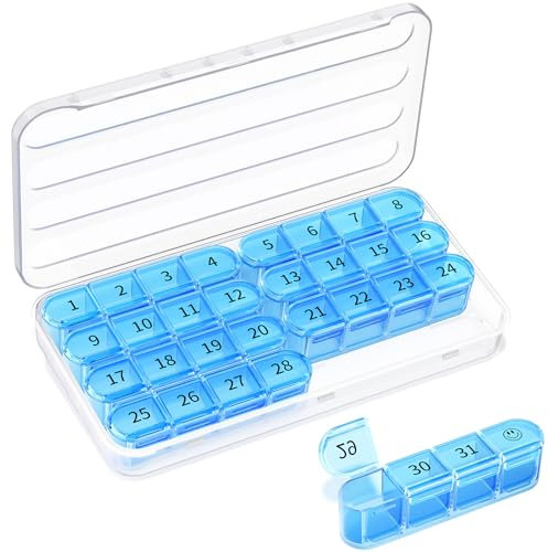 Colorwing Tablettenbox Monat 31 Tage, Pillendose 1 Monat, 30 Tage Monatliche Pillenbox, Mit 8 Stück Pillendose Klein Für Unterwegs (8×4), Tragbare Pillenbox Für Tabletten & Supplemente (Blau)