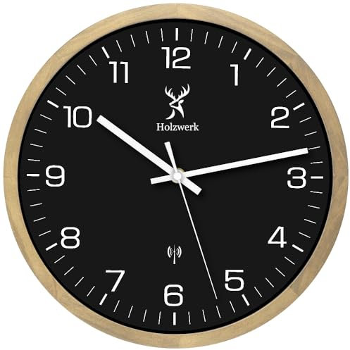 Holzwerk HILDBURG Holz Funkwanduhr Funk Wanduhr Holz-Uhr Funkuhr lautloses Uhrwerk ohne Tickgeräusche Braun Buche Schwarz Weiß lautlos Massivholz Natur 30 cm (Hw.buche-schwarz.)