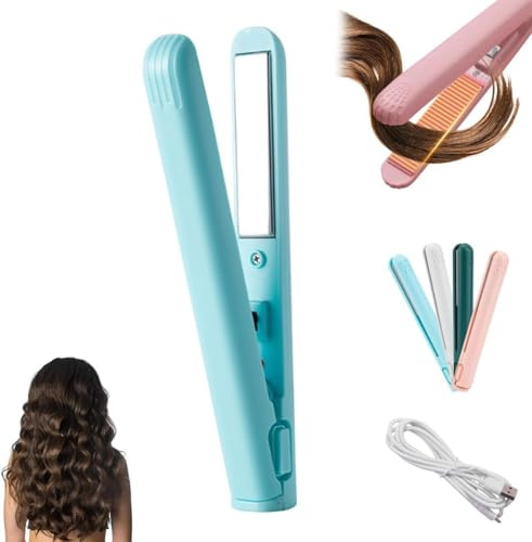 Mini Lockenstab mit Doppeltem Verwendungszweck, Mini Lockenstab und Flacheisen, Haarglätter und Locken 2 in 1 Tragbare USB Wiederaufladbare Kabellose Reise Lockenstabs für Alle Haartypen (Blau)