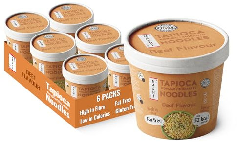 Nashi Tapioca Konjac Shirataki Pot Noodles Beef Flavour (6 x 150g)| Vegan, Plant-Based Instant Healthy Cup Noodles | Low Calorie 52kcal, High Fibre, Gluten-Free, Fat-Free | Ready-to-Eat Keto Diet Meal