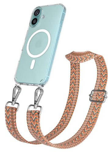 EAZY CASE Handykette - Verstellbares Taschenband kompatibel mit iPhone 16, Schulterriemen, Handykordel mit Silikon Hülle, Qi Charging kompatibel, Umhängetasche, Orange Grün Silber
