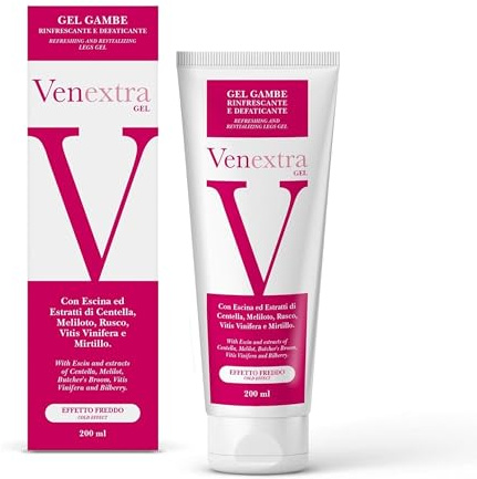 Venextra - Crema Gel Gambe Effetto Freddo 200ml - Defaticante Rinfrescante con Escina, Centella Asiatica, Rusco, Vitis Vinifera e Mirtillo - Sollievo Gambe Pesanti e Gonfie