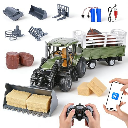 Zoelele Tracteur Télécommandé Enfant, Jouet Tracteur avec 5 Avant de Véhicule, 2,4 GHz Télécommande & App, Jouet Ferme, Cheval, Tonneau, Botte de Foin, Tracteur Jouet pour Enfants 3 4 5 6 7 Ans