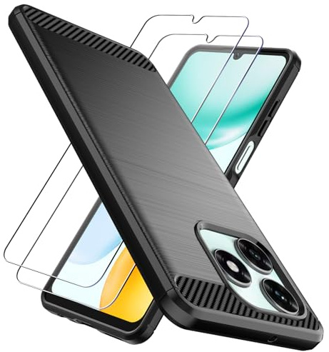 Natbok Case for Honor X5C / X5C Plus with [2 Pack] Screen Protectors, [Carbon Fiber Texture] Military-Grade Shockproof Soft Flexible TPU Slim Anti-Scratch Honor X5C Phone Case Cover,Black