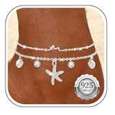 Nelytiya Fussketten Für Frauen Silber 925 Doppelte Seestern Fußkettchen | Wasserdicht,mehrschichtig,Sommer,Strand,anlaufbeständig,hypoallergen,verstellbar,Geschenk