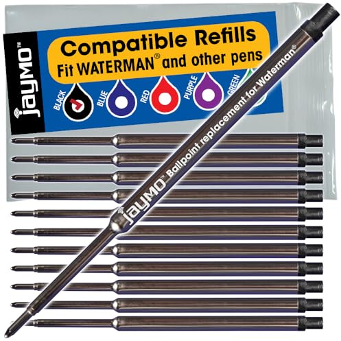 Jaymo Replacement for Waterman 834254 - Measures 4.4 in / 112 mm Long - Ballpoint Pen Refill - 12 Black