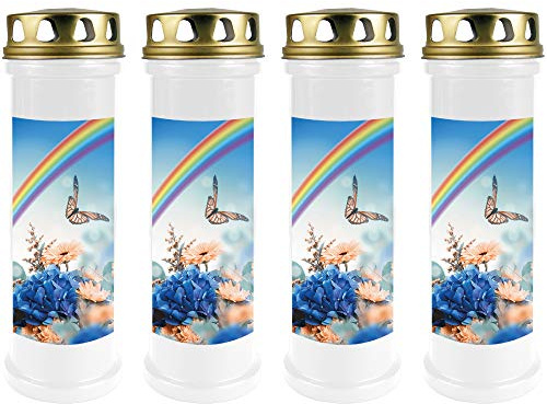 HS Candle Grabkerze - 4er Pack - (Weiß) Grablicht ca. 4 Tage Brenndauer je Kerze - Motiv: Regenbogen